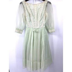 VTG Emma Domb Dress Womens Size 9 Tulle Mesh Floral Evening Cupcake Green READ